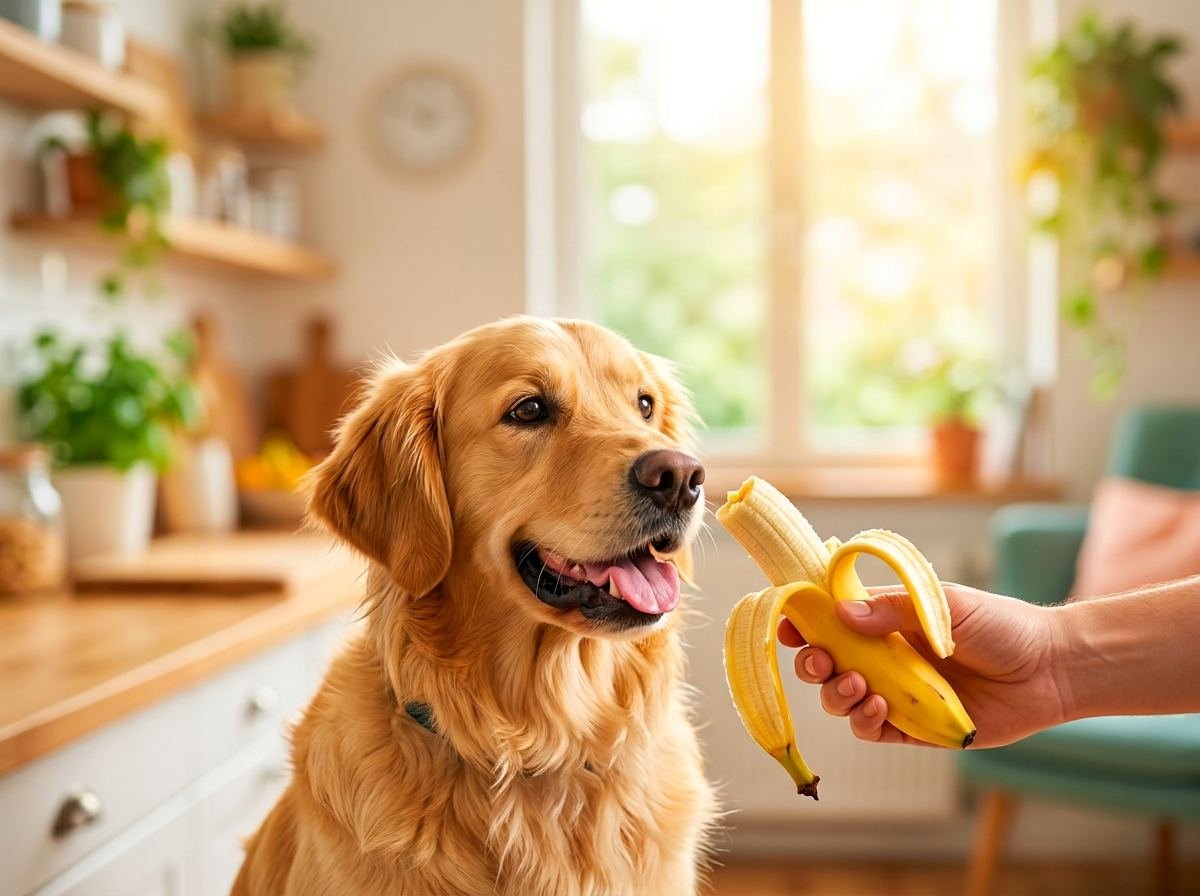 Golden retriever recebendo um pedaço de banana da mão do tutor
