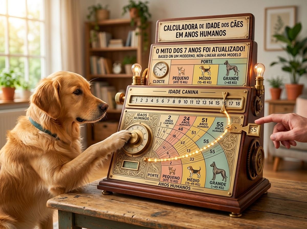 Golden retriever ao lado de uma calculadora ilustrada de idade canina